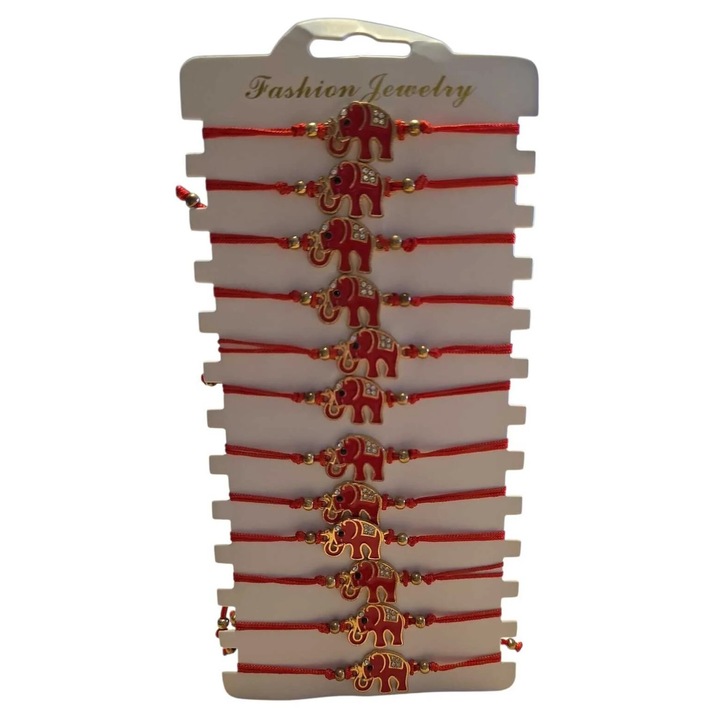 12 darab martisor szett, karkötő típusú, állítható méretű, piros zsinór, elefánt