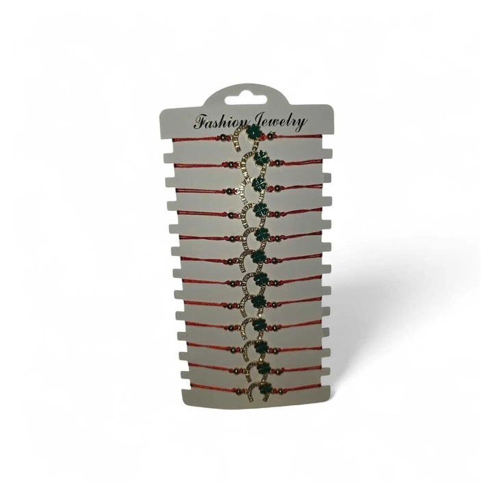 Set 12 martisoare, Tip bratara, Dimensiune reglabila, Snur rosu, Potcoava cu trifoi cu patru foi