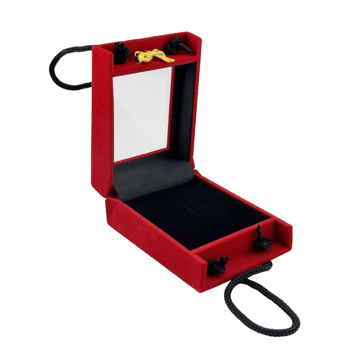 Set 12 Cutii Martisoare, Forma Gentuta cu Capac Transparent, Catifea Rosie, 65x85x40 mm