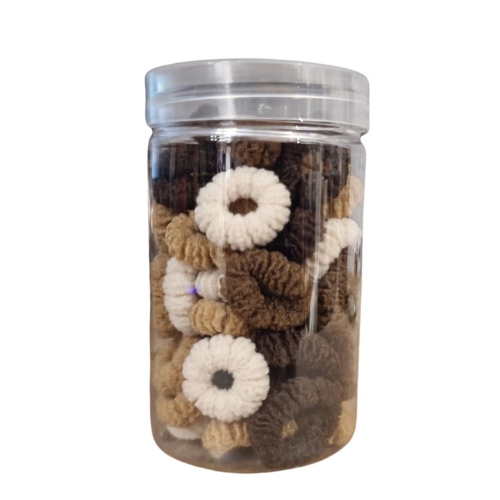 Комплект 50 ластика за коса в кафяво и бежово, сигурно фиксиране, прозрачен буркан за съхранение