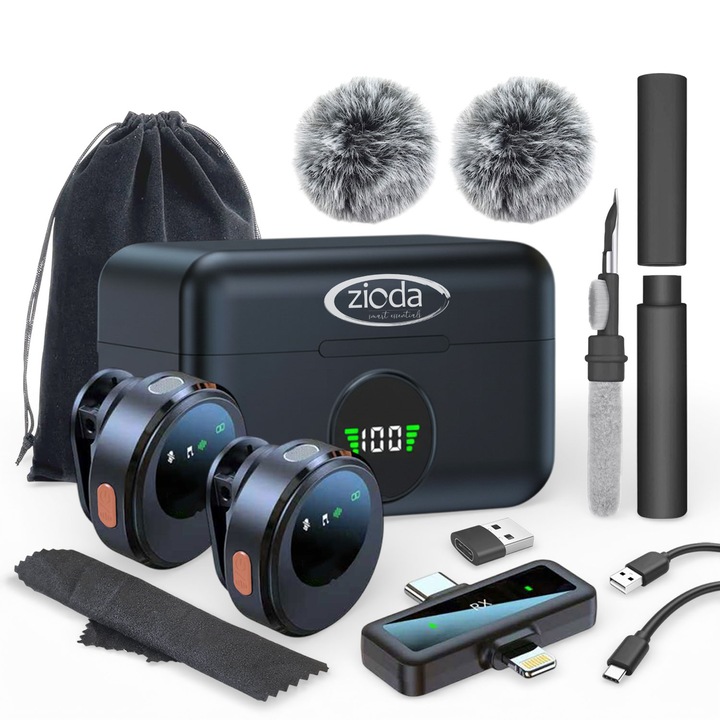 2 db-os Vezeték nélküli Lavalier mikrofon szett, Zioda Smart Essentials, Android, iOS telefonokkal, laptoppal kompatibilis, vlog, podcast, élő adás és Youtube, TikTok interjúk, zajcsökkentés, 30 óra üzemidő, szélálló szivacsok, tok és tartozékok, fekete