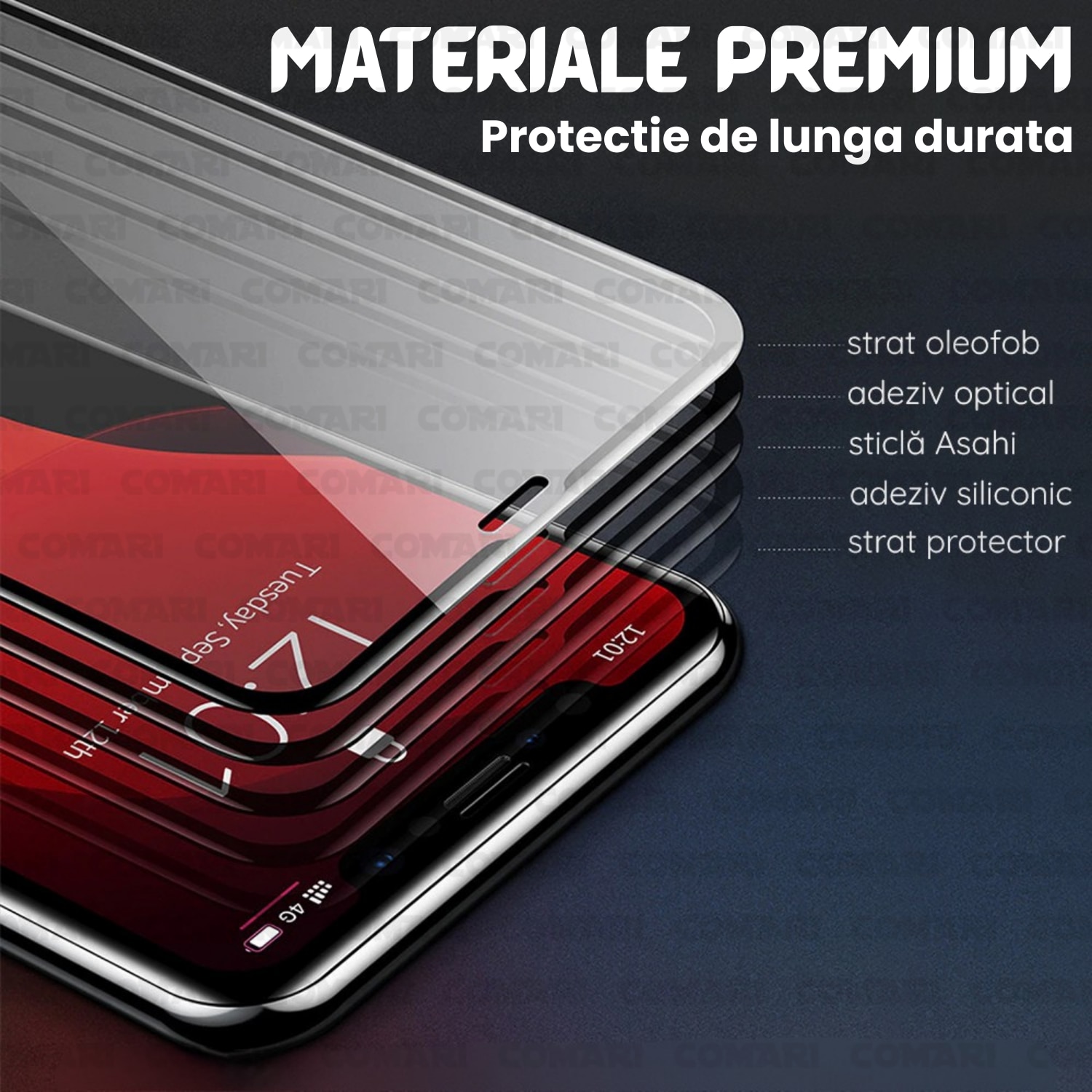 Folie de protectie pentru OnePlus 8T Comari® CrystalCore, sticla securizata 9H, acoperire completa Full Glue, claritate HD, margini negre, transparent