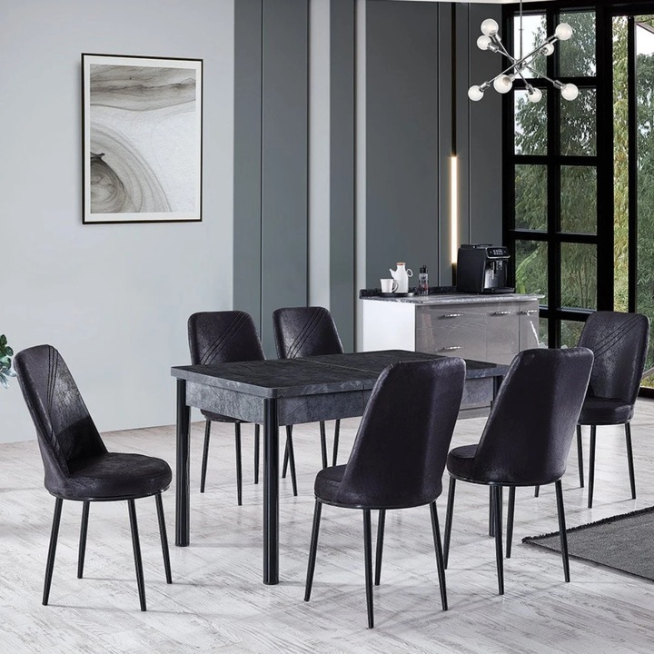 Set masa extensibila cu 6 scaune Spring, bucatarie, negru + negru marmorat, 3C