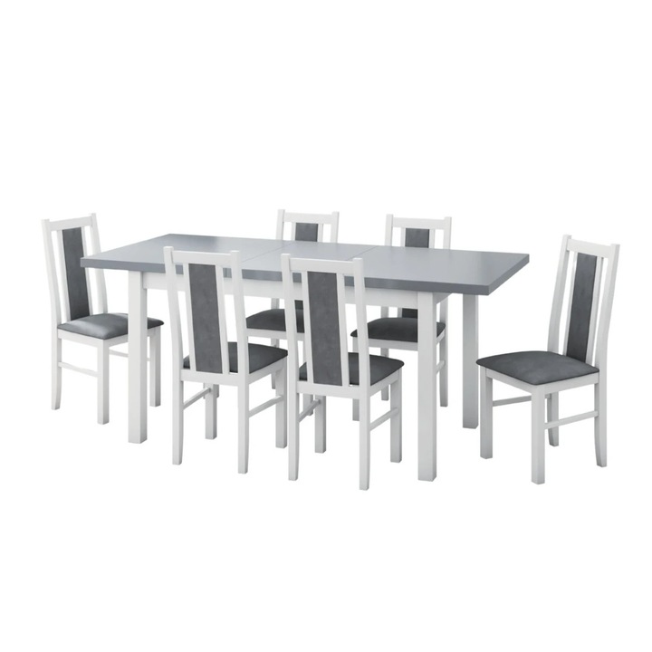 Set mobilier bucătărie MB-21, masă extensibilă alb + gri grafit, 6 scaune S-38 tapitate, 140x180x80cm