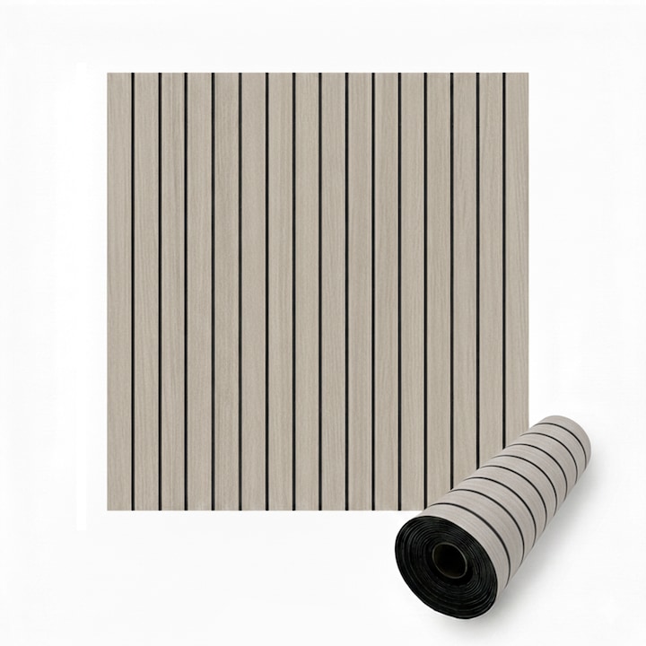 Rola tapet autoadeziv 3D premium tip riflaj NEXTLY, imitatie lemn, rezistent la apa, spuma moale si pvc, 3 mm grosime, adeziv puternic, 60x300cm, bej gri deschis