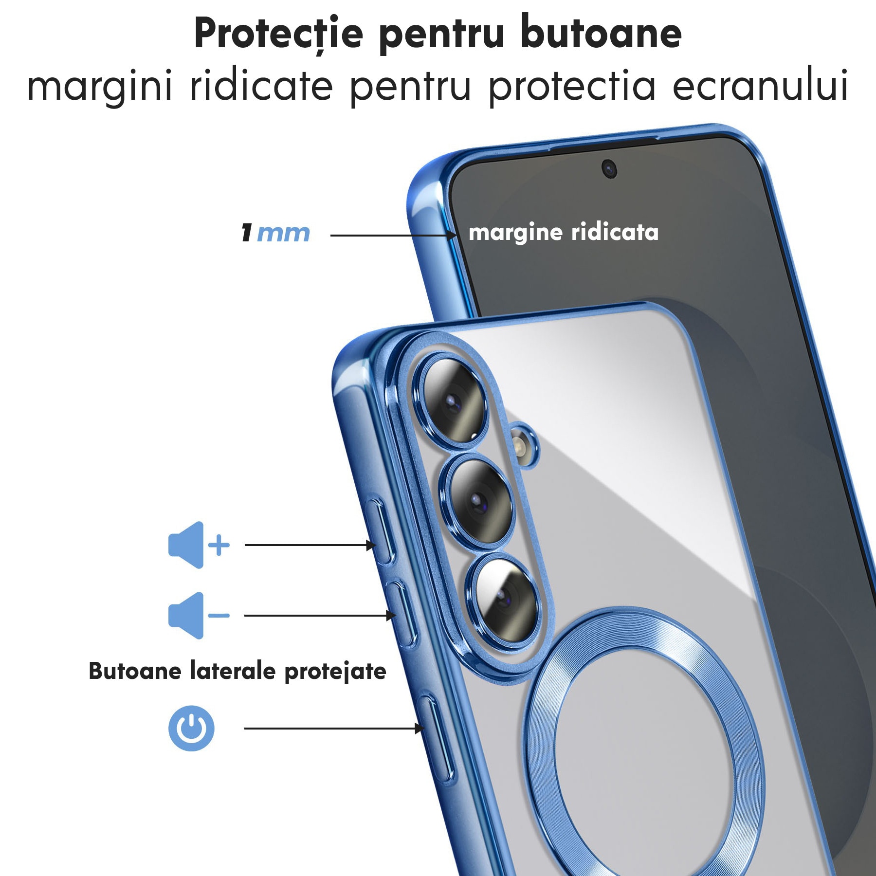 Husă pentru Samsung Galaxy S26, DaDen MagSafe Luxury, Antisoc, Transparentă cu Margini Albastre