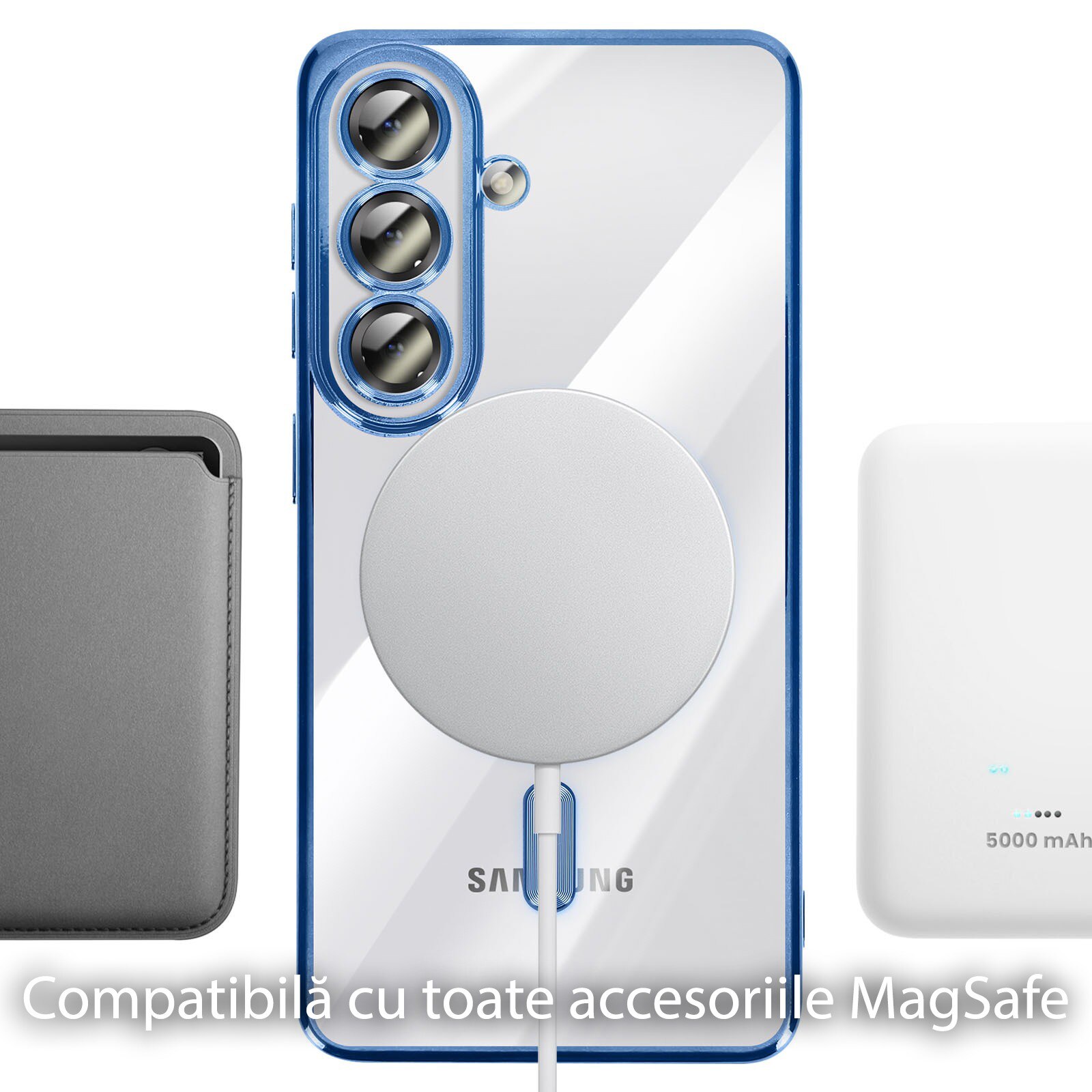 Husă pentru Samsung Galaxy S26, DaDen MagSafe Luxury, Antisoc, Transparentă cu Margini Albastre