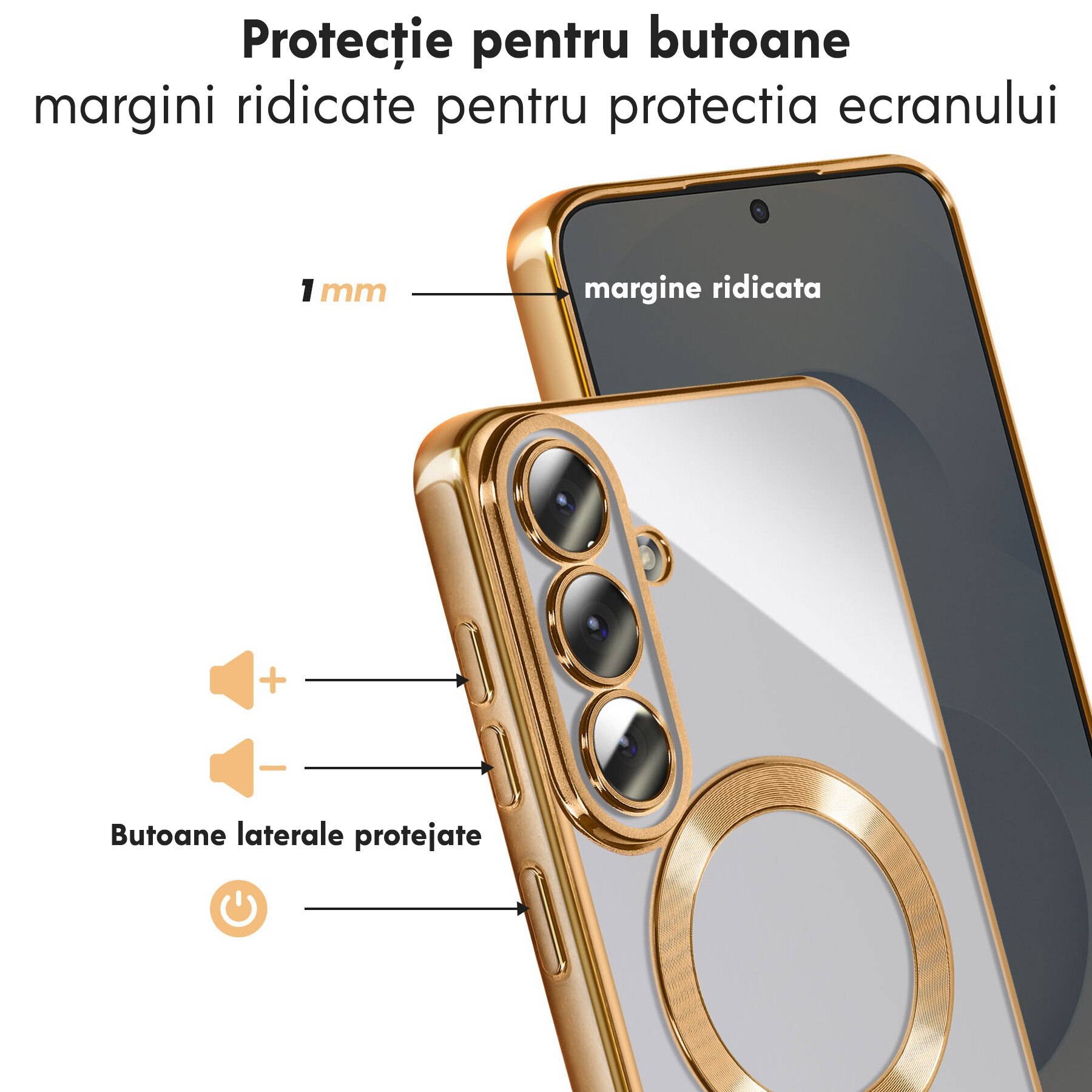 Husa pentru Samsung Galaxy A37 5G Daden® Magsafe Luxury compatibil cu protectie camera, Ultra Protectie, Transparenta cu margini aurii