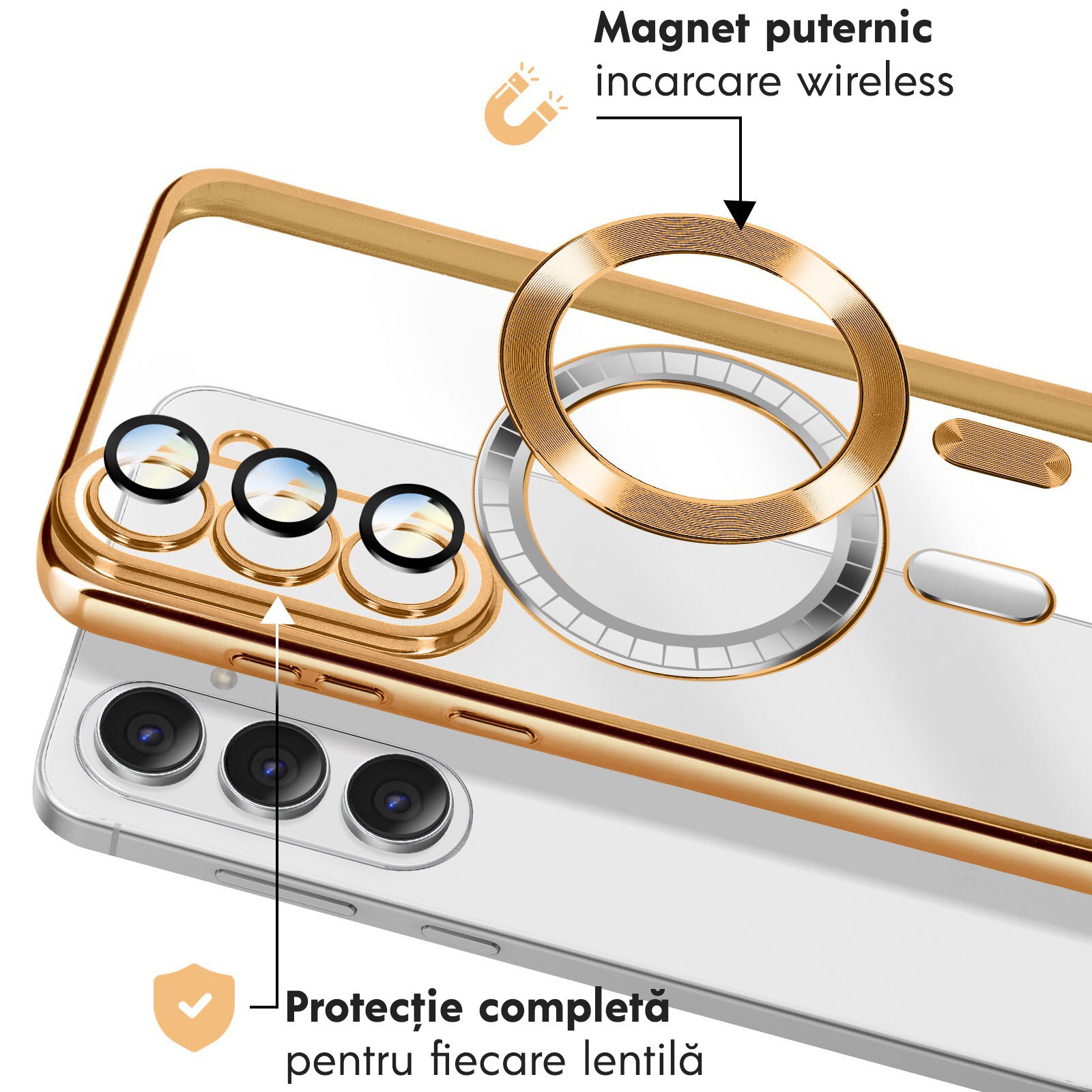 Husa pentru Samsung Galaxy A37 5G Daden® Magsafe Luxury compatibil cu protectie camera, Ultra Protectie, Transparenta cu margini aurii