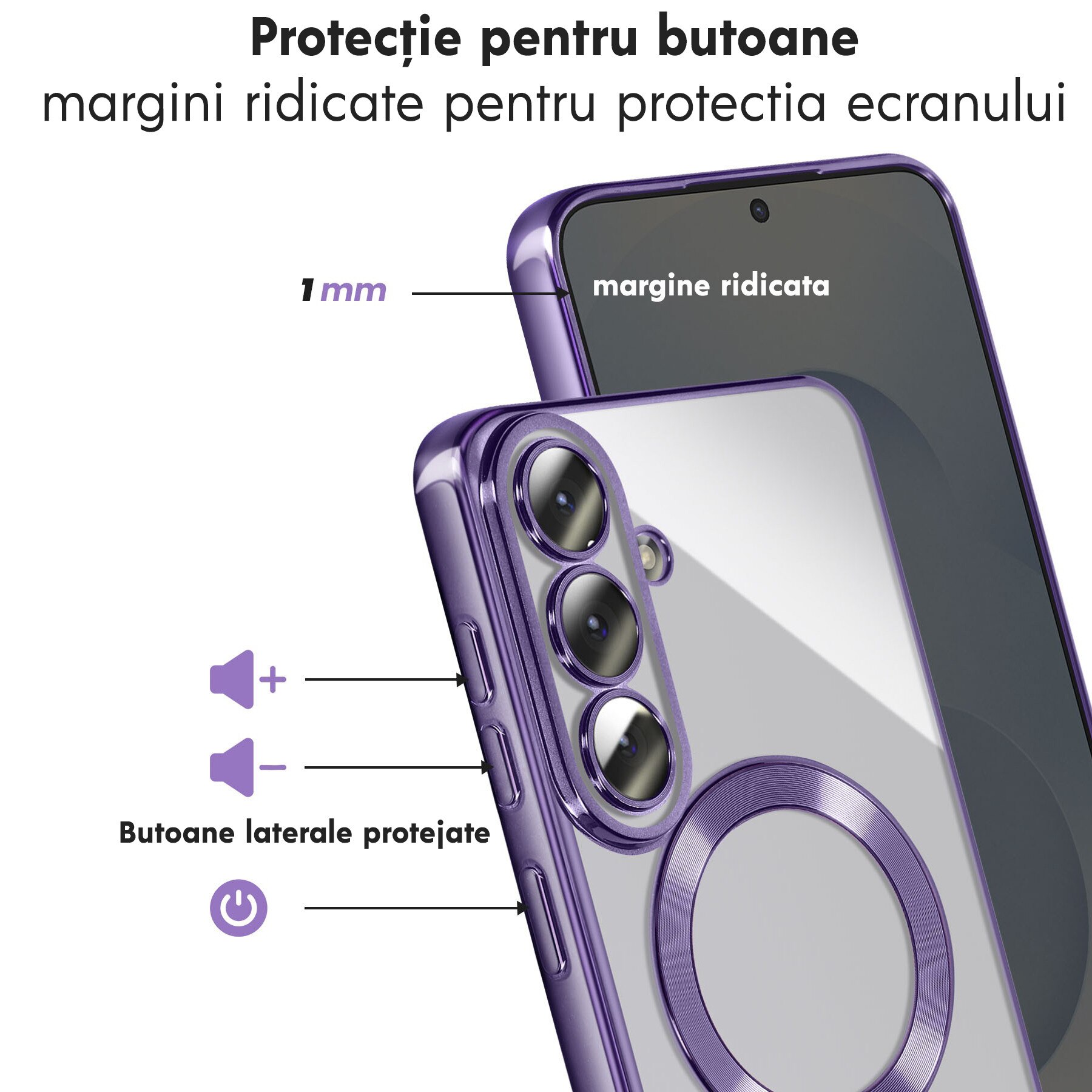 Husă pentru Samsung Galaxy S26, DaDen MagSafe Luxury, Protecție Antisoc, Transparentă cu Margini Mov