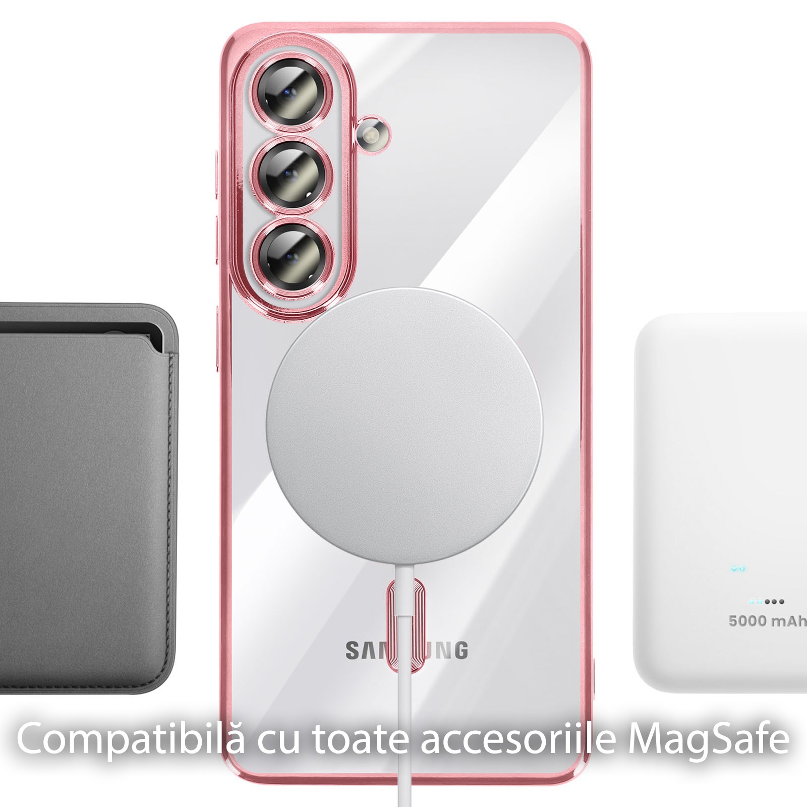 Husă pentru Samsung Galaxy S26, DaDen MagSafe Luxury, Antisoc, Transparentă cu Margini Roz