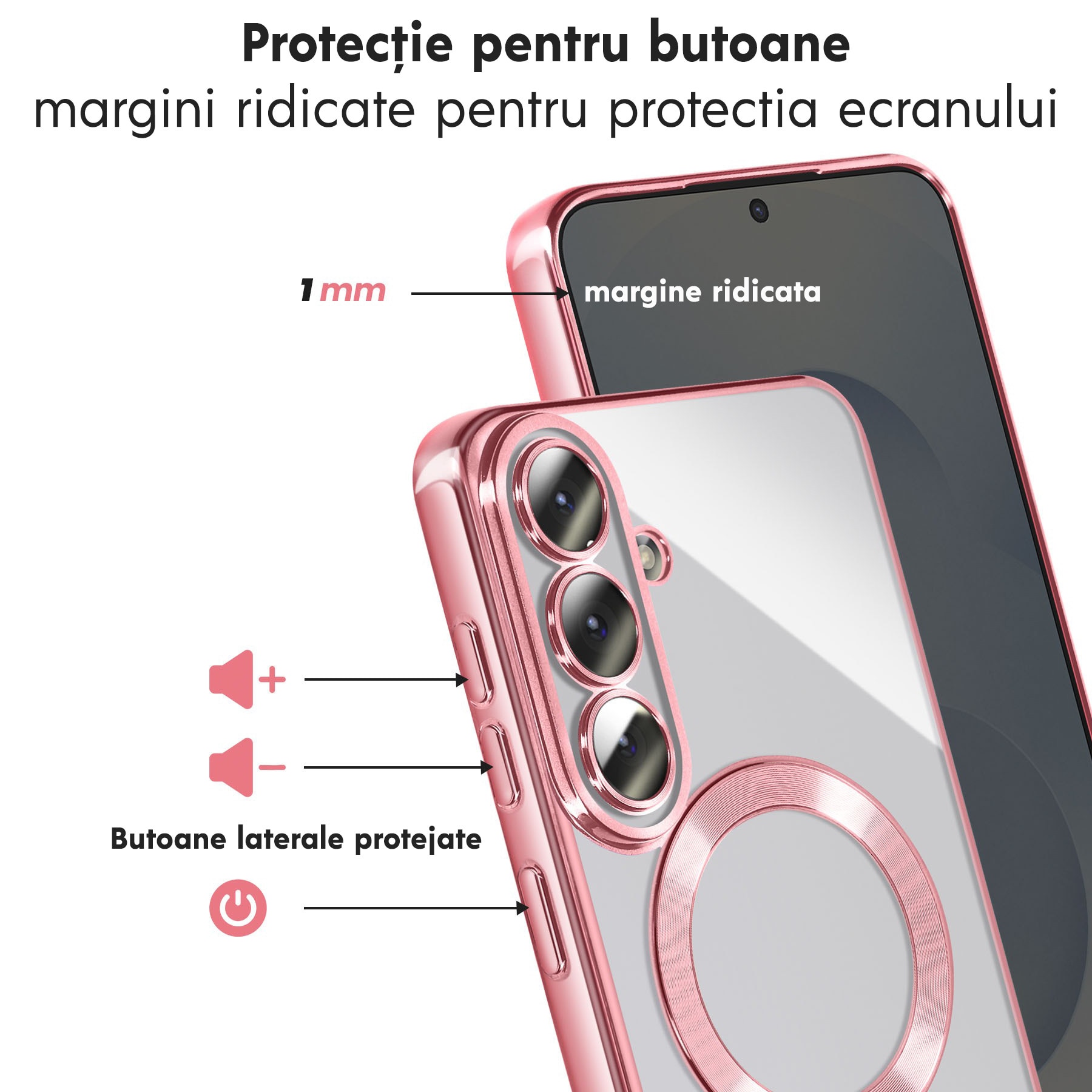 Husă pentru Samsung Galaxy S26, DaDen MagSafe Luxury, Antisoc, Transparentă cu Margini Roz