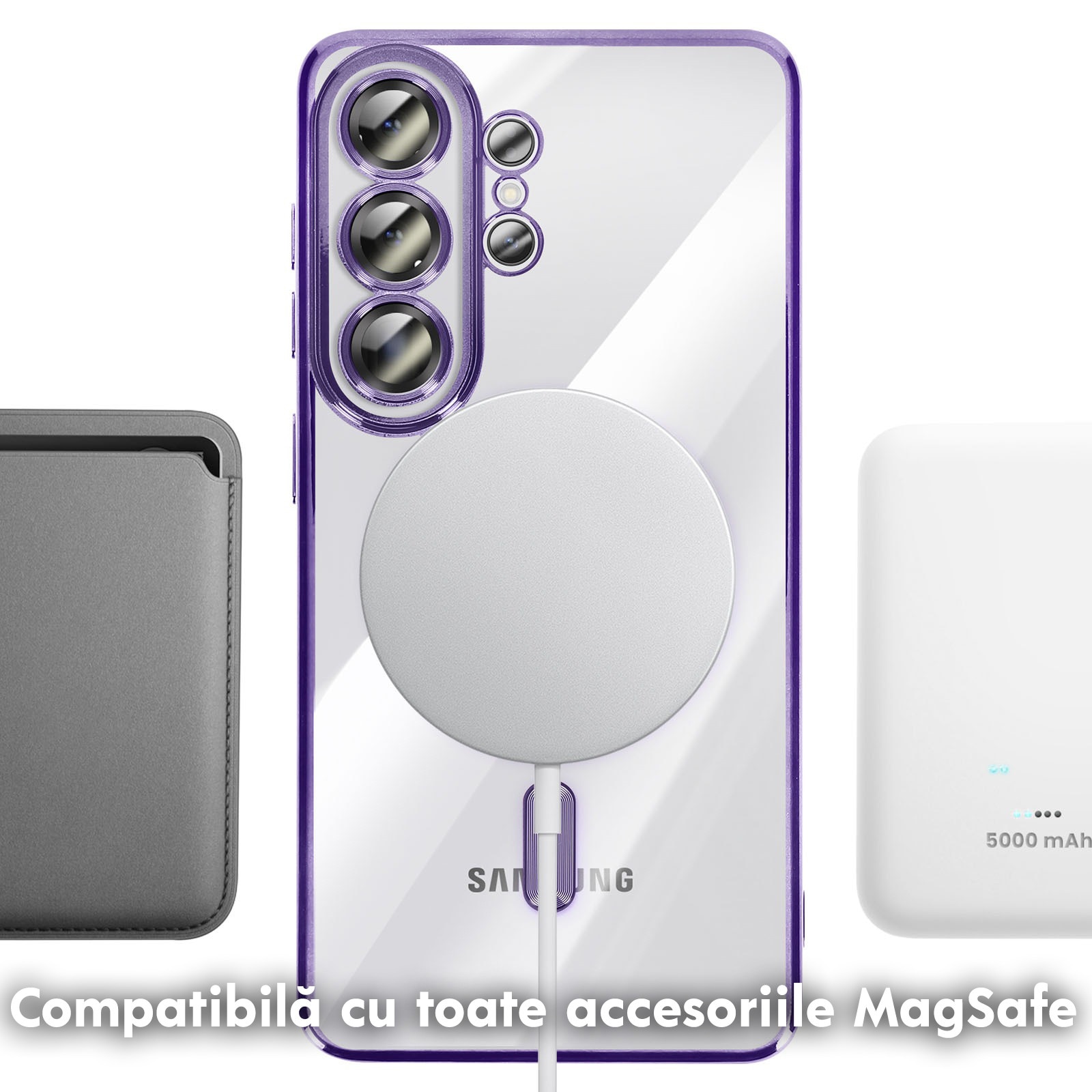 Husă transparentă cu margini mov pentru Samsung Galaxy S26 Ultra, DaDen MagSafe Luxury, protecție antisoc, design slim