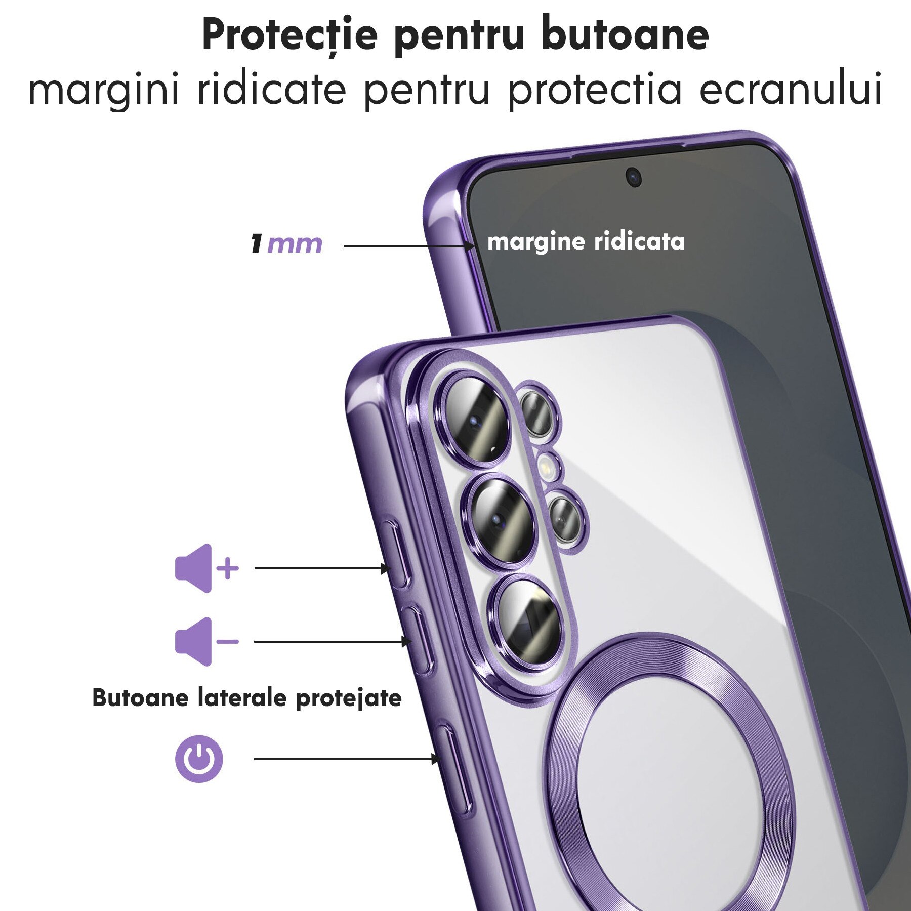 Husă transparentă cu margini mov pentru Samsung Galaxy S26 Ultra, DaDen MagSafe Luxury, protecție antisoc, design slim