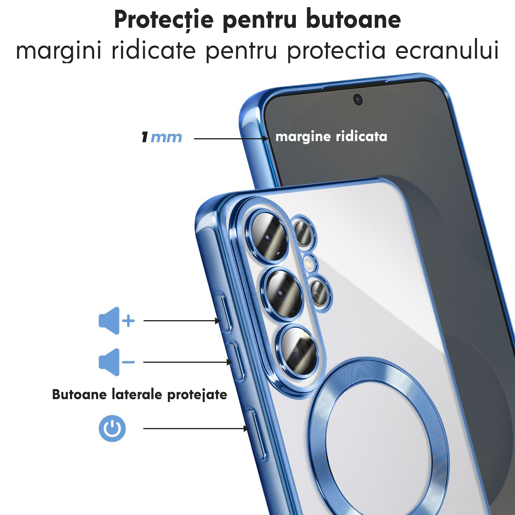 Husă pentru Samsung Galaxy S26 Ultra, DaDen MagSafe Luxury, Antisoc, Transparentă cu Margini Albastre