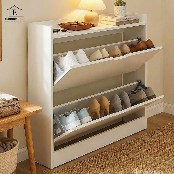 Organizator pentru Pantofi Elindor® Pantofar tip Dulap cu 2 Nivele Mari, Fara Gauri, Suport pentru Papuci, Dulap Hol, Living, Dormitor, Economisire Spatiu, Depozitare Incaltaminte, 50 x 17 x 85 cm, Alb
