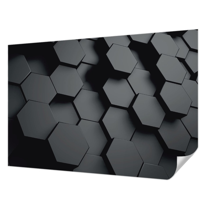 Fali Fotótapéta Autodeziv, Wallfluent, hexagoane 3D, Negru, 152 x 104 cm, Pentru Baie, Bucatarie, 010170060180000033995