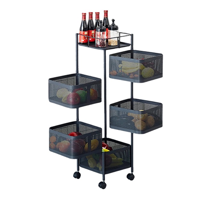 Raft de depozitare pentru bucatarie, 5 niveluri, roti mobile, negru, fara asamblare