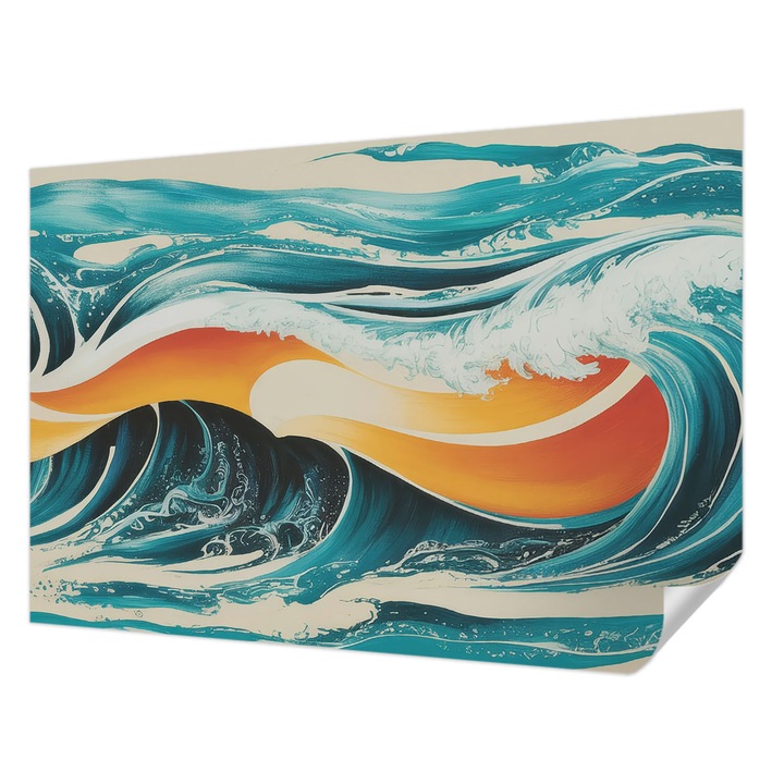 Öntapadós Tapéta Falra, Wallfluent, Absztrakt hullámok, Türkiz, 152 x 104 cm, Erős Ragasztó, Modern Belsőépítészeti Dekoráció, 010170060180000284856