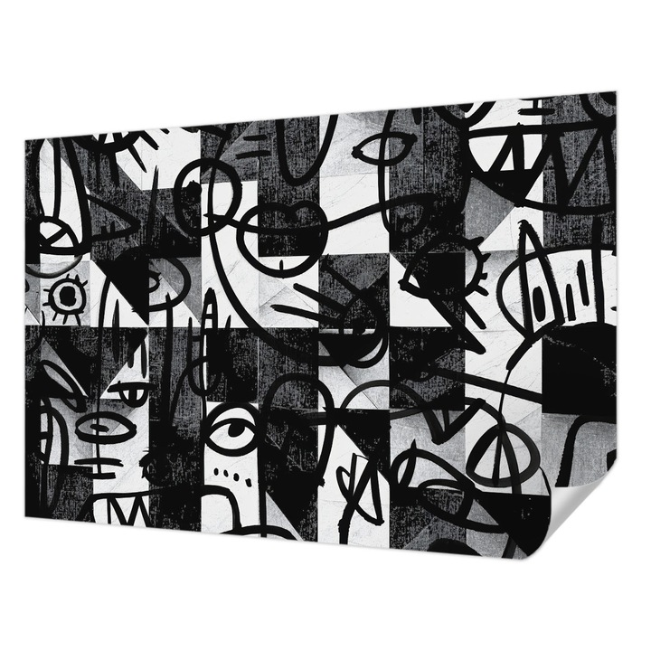 Öntapadós Tapéta Fali Dekoráció, Wallfluent, Káosz rajzolása, Fekete, 152 x 104 cm, Erős Ragasztó, Modern Belsőépítészeti Dekoráció, 010170060180000284884