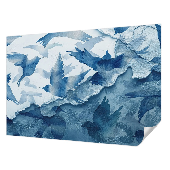 Öntapadós Tapéta Fali Dekoráció, Wallfluent, Dinamikus madarak, Kék, 152 x 104 cm, Előszobába, Hálószobába, 010170060180000284976