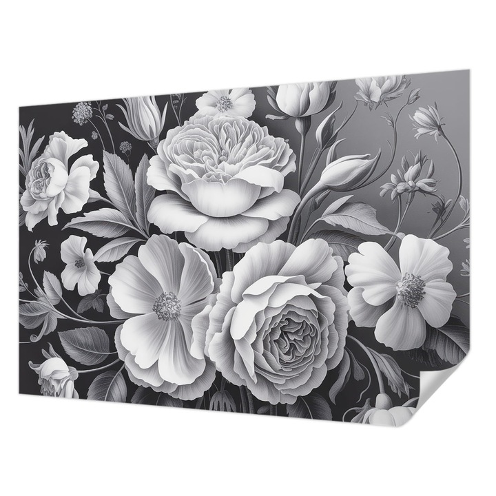 Öntapadós Tapéta Fali Dekoráció, Wallfluent, Szürke virágok, Fekete, 152 x 104 cm, Könnyen Tisztítható, Nedvességálló, 010170060180000285071