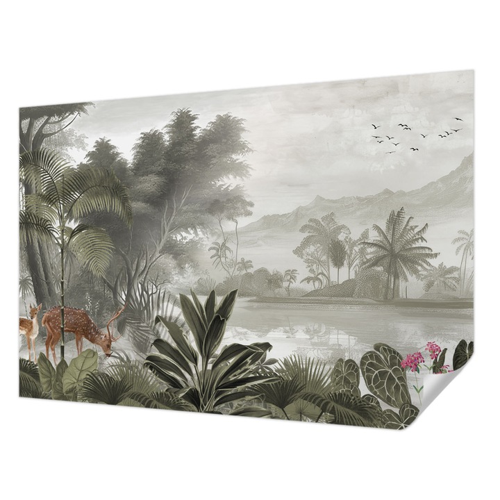 Öntapadós Tapéta Falra, Wallfluent, Trópusi oázis, Szürke, 152 x 104 cm, Fali Dekoráció, Nedvesség- És Foltálló, 010170060180000285246