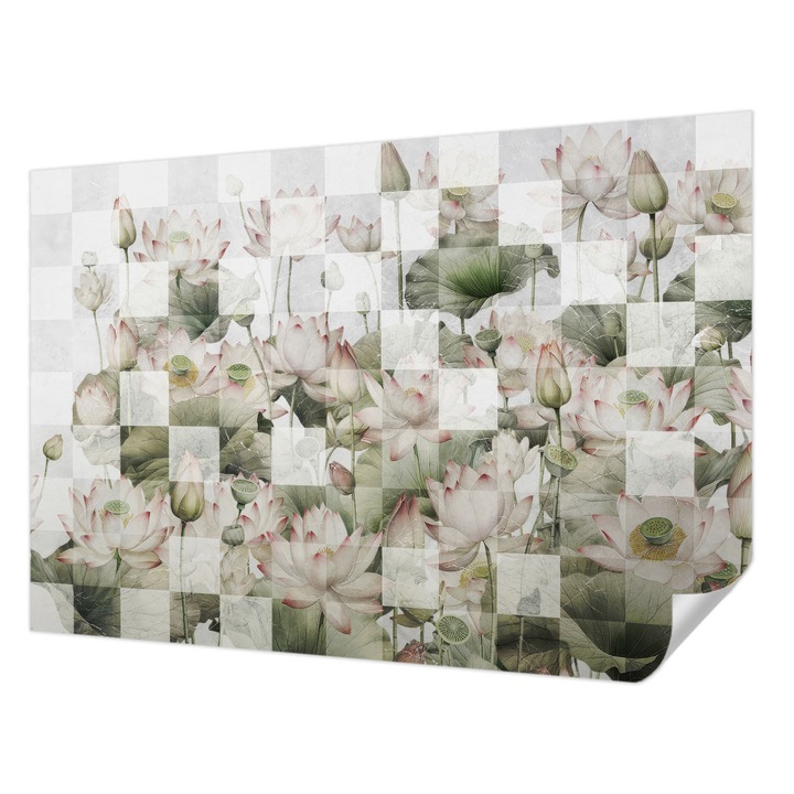 Öntapadós Fotótapéta Falra, Wallfluent, Lótusz minták, Fehér, 152 x 104 cm, Klasszikus, Könnyen Felszerelhető, 010170060180000285276