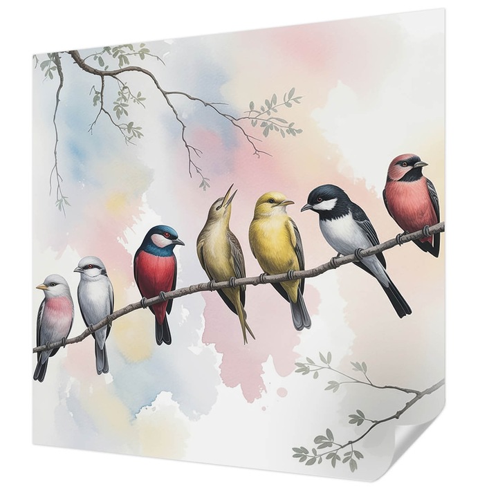 Öntapadós Tapéta Falra, Wallfluent, Madarak egy ágon, Fehér, 250 x 250 cm, Nappaliba, Konyhába, 010170060030000285050