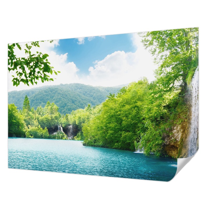 Öntapadós Tapéta Fali Dekoráció, Wallfluent, Természetes vízesés, Zöld, 312 x 219 cm, Erős Ragasztó, Modern Belsőépítészeti Dekoráció, 010170060960000000656