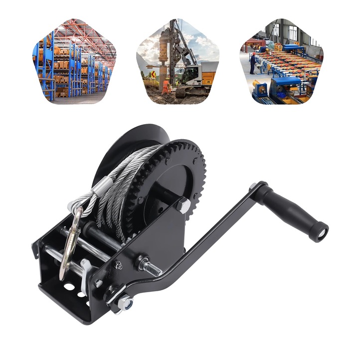 Winch manual, 3500 lbs capacitate de tragere orizontala, cablu de otel de 10 m, design ergonomic, dimensiuni 19.2x10x18.2 cm