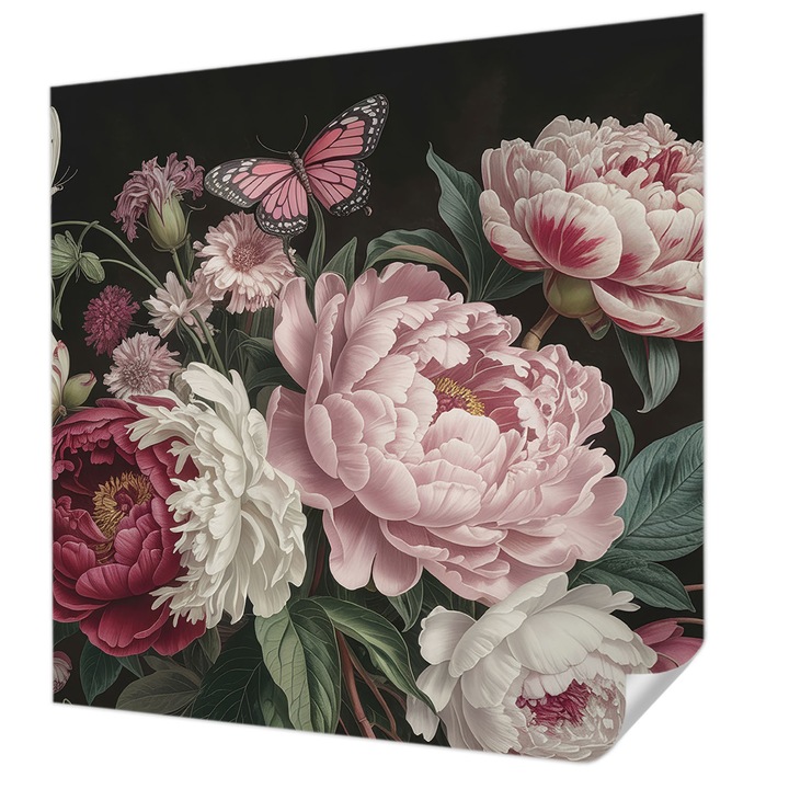 Öntapadós Dekor Tapéta, Wallfluent, Pünkösdi rózsák és pillangók, Fekete, 250 x 250 cm, Erős Ragasztó, Modern Belsőépítészeti Dekoráció, 010170060030000285098