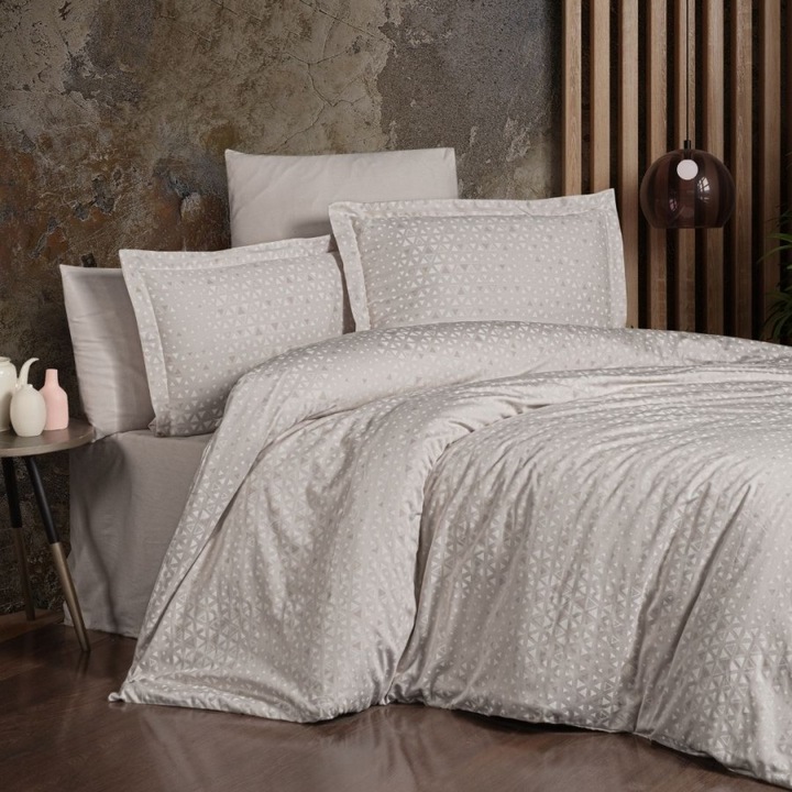 Lenjerie de lux pat dublu, bumbac 100% satinat, cearsaf de pat 240x260 cm, 6 piese, First Choice, Megan Bej cu triunghiuri