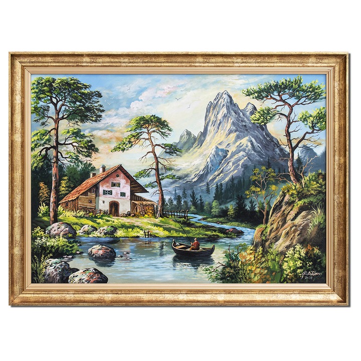 Tablou peisaj montan cu pescar pictat manual inramat, 80x60cm ulei pe panza, Stefan Bilibou, rama din lemn, certificat de autenticitate