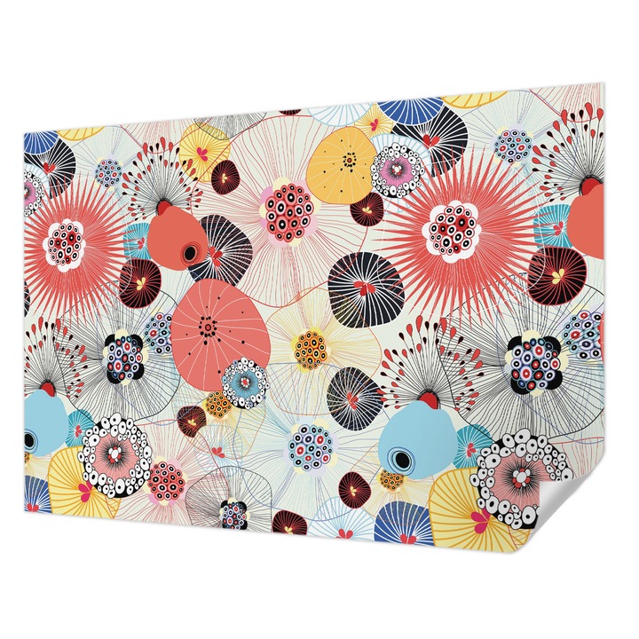 Öntapadós Tapéta Falra, Wallfluent, Színes virágok, Piros, 208 x 146 cm, Fali Dekoráció, Nedvesség- És Foltálló, 010170060950000012937