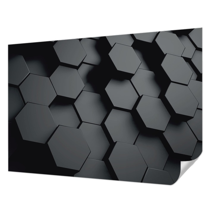 Fali Fotótapéta Autodeziv, Wallfluent, hexagoane 3D, Negru, 208 x 146 cm, Pentru Baie, Bucatarie, 010170060950000033995