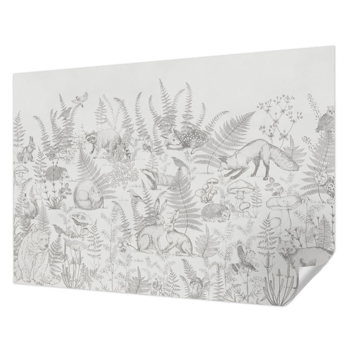 Öntapadós Tapéta Fali Dekoráció, Wallfluent, Erdei állatok, Szürke, 312 x 219 cm, Modern Dizájn, Könnyen Felszerelhető És Tisztítható, 010170060960000282739