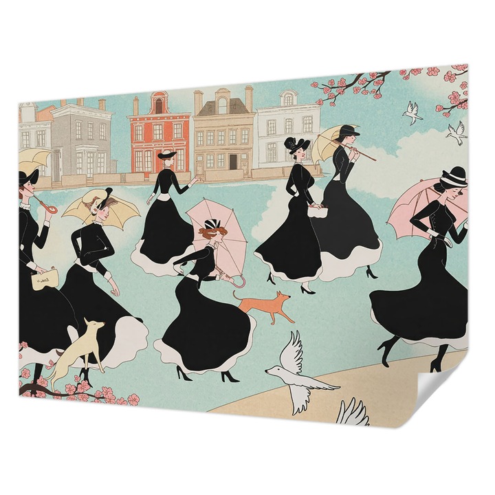 Öntapadós Fotótapéta Falra, Wallfluent, Nők sétálnak, Fekete, 312 x 219 cm, Klasszikus, Könnyen Felszerelhető, 010170060960000284737