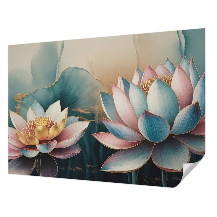 Öntapadós Tapéta Falra, Wallfluent, A harmónia lótuszai, Kék, 208 x 146 cm, Nappaliba, Konyhába, 010170060950000284765