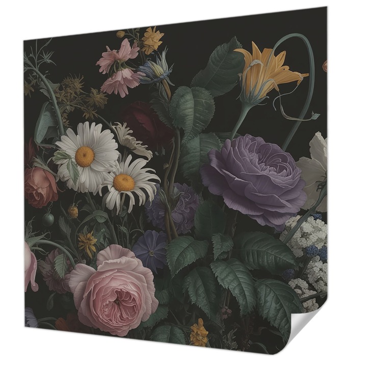 Tapet Textil Autocolant, Wallfluent, Eleganta florala, Negru, 250 x 250 cm, Detasabil, Lavabil, 010170060030000285184