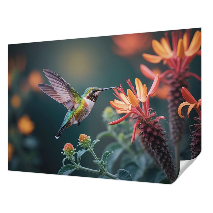 Öntapadós Tapéta Fali Dekoráció, Wallfluent, Kolibri virágok, Zöld, 208 x 146 cm, Erős Ragasztó, Modern Belsőépítészeti Dekoráció, 010170060950000284817