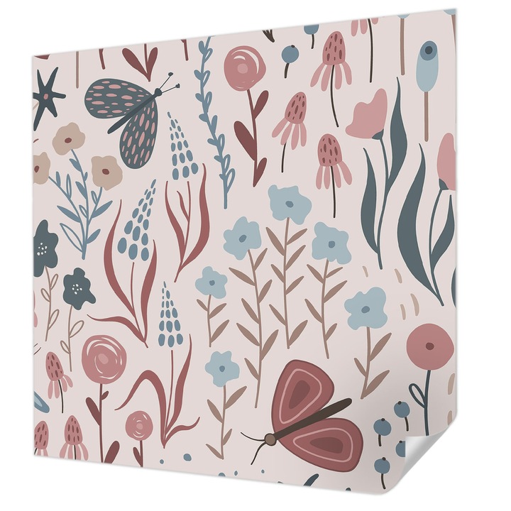 Öntapadós Dekor Tapéta, Wallfluent, Virágok rovarok, Rózsaszín, 250 x 250 cm, Modern Dizájn, Könnyen Felszerelhető És Tisztítható, 010170060030000285199