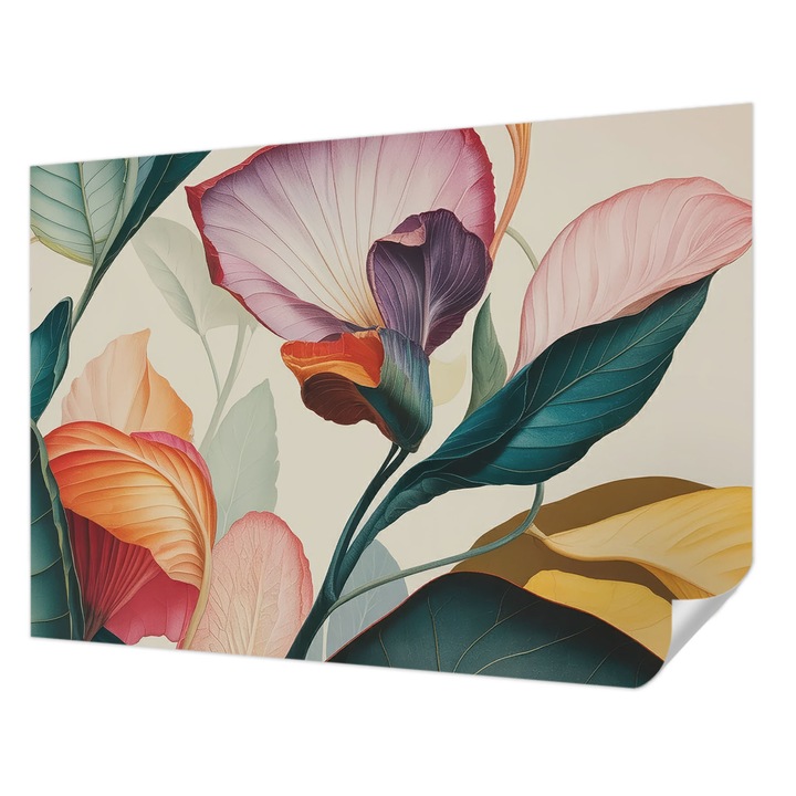 Öntapadós Tapéta Fali Dekoráció, Wallfluent, Színes virágok, Zöld, 312 x 219 cm, Erős Ragasztó, Modern Belsőépítészeti Dekoráció, 010170060960000285106