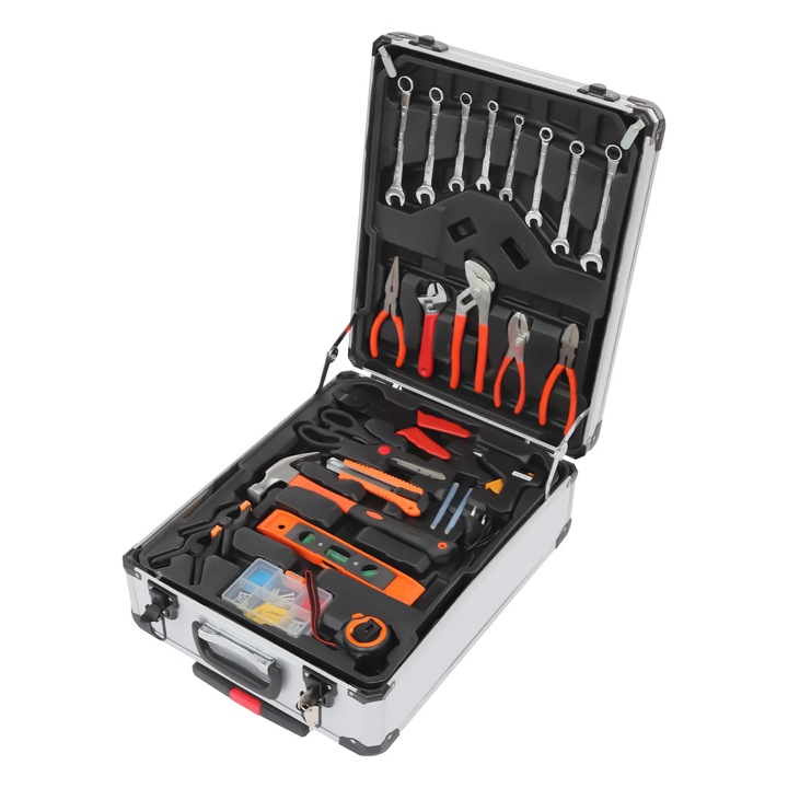 Trusa de scule, Set combinat de scule manuale, 187 piese, Otel carbon cromat, Troler cu roti, 4 compartimente, Pentru reparatii auto si casa