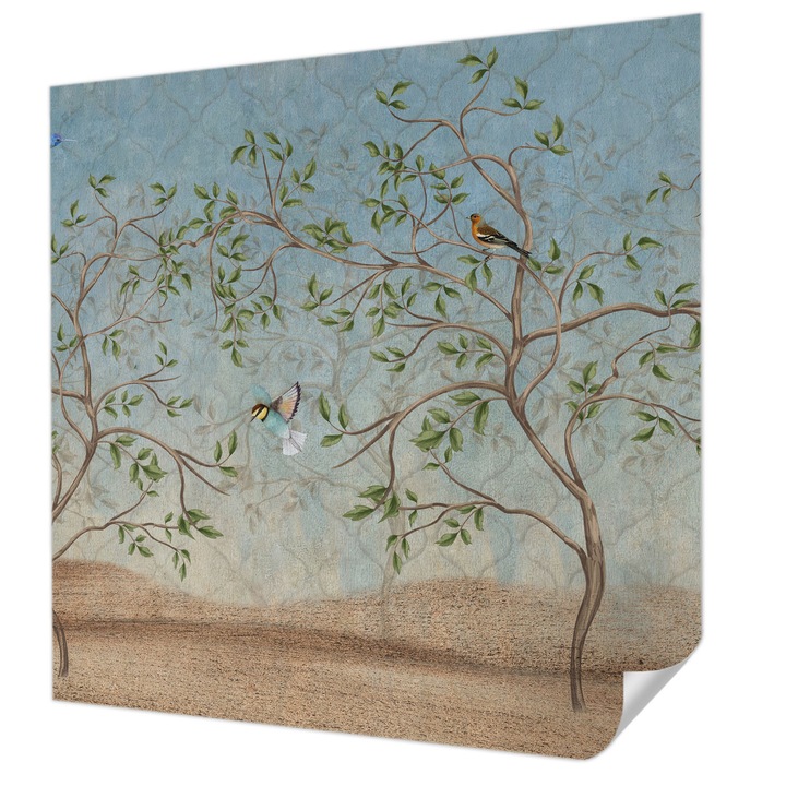 Öntapadós Tapéta Falra, Wallfluent, Madarak a fákon, Szürke, 250 x 250 cm, Klasszikus, Könnyen Felszerelhető, 010170060030000285249