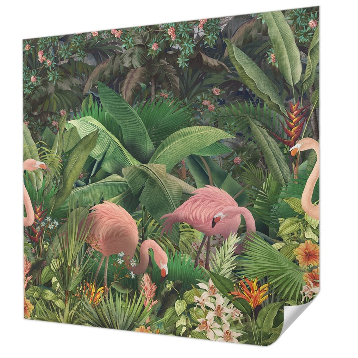 Öntapadós Dekor Tapéta, Wallfluent, Rózsaszín flamingók, Zöld, 250 x 250 cm, Nappaliba, Konyhába, 010170060030000285256