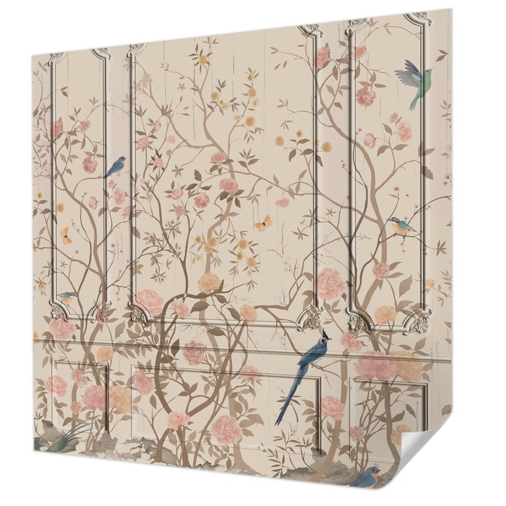 Öntapadós Tapéta Fali Dekoráció, Wallfluent, Madarak és virágok, Fehér, 250 x 250 cm, Modern Dizájn, Könnyen Felszerelhető És Tisztítható, 010170060030000285254