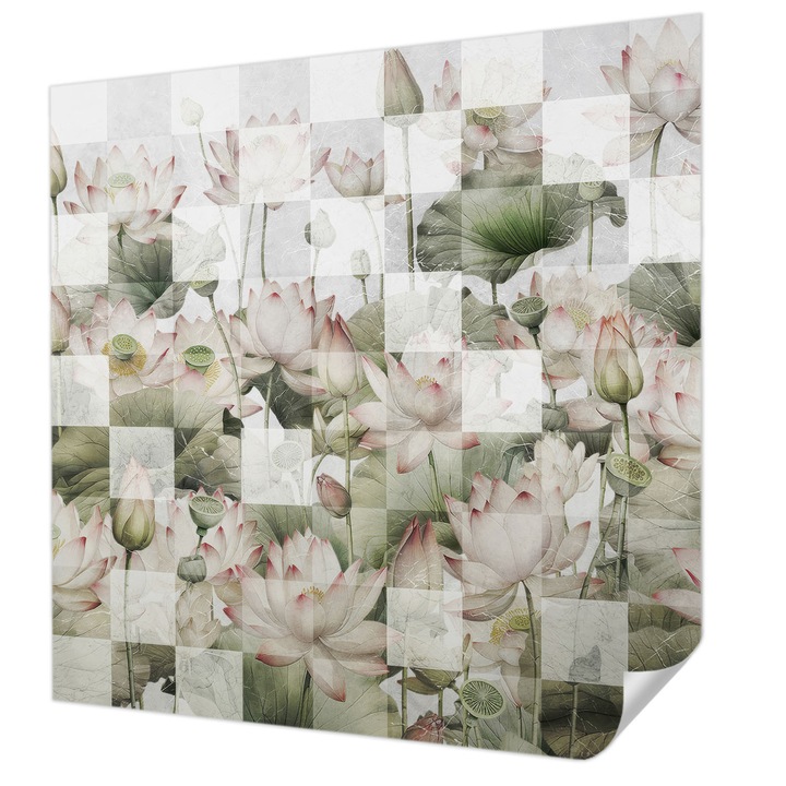 Öntapadós Fotótapéta Falra, Wallfluent, Lótusz minták, Fehér, 250 x 250 cm, Klasszikus, Könnyen Felszerelhető, 010170060030000285276