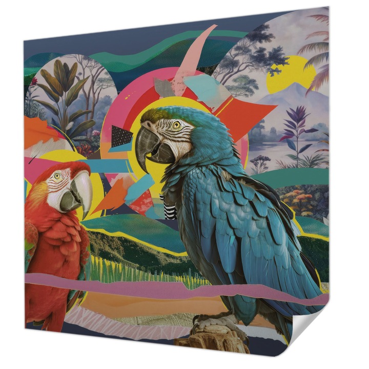 Öntapadós Tapéta Falra, Wallfluent, Egzotikus madarak, Kék, 250 x 250 cm, Előszobába, Hálószobába, 010170060030000285304