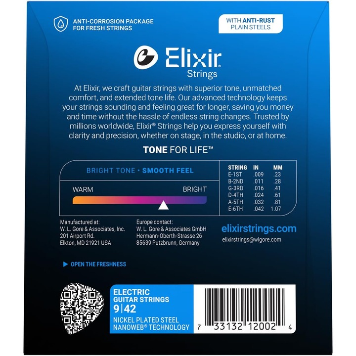 Set corzi chitara electrica Elixir Nanoweb 9-42, otel placat cu nichel, super light